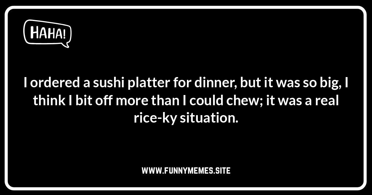 Wasabi Good Sushi Jokes: The Spiciest One-Liners Sushi jokes and puns image. Variety of funny sushi content including spicy wasabi jokes, romantic puns, and dark humor.
